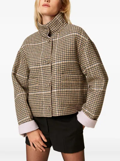Twinset Boxy Cropped Jacket With Checked Pattern In Brown