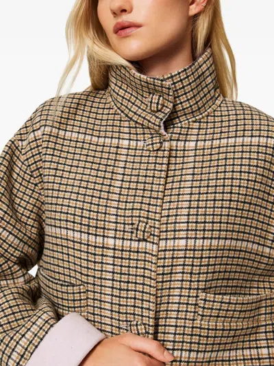 Twinset Boxy Cropped Jacket With Checked Pattern In Brown