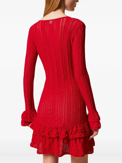 Twinset Robe Courte En Maille Avec Volants In White