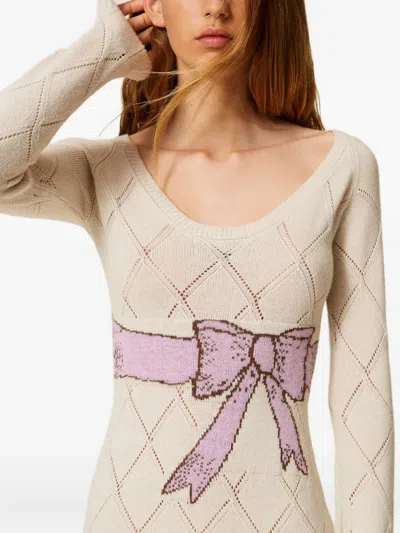 Twinset Robe Longue En Fil Treeblend Avec Incrustation In Neutral