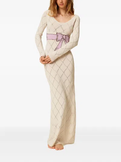 Twinset Robe Longue En Fil Treeblend Avec Incrustation In Neutral