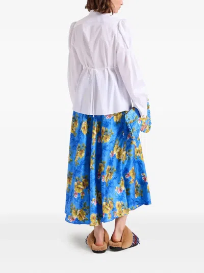 La Doublej Drawstring Floral-print Skirt In Blue