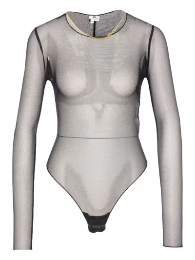Elisabetta Franchi Bodysuit With Gold Chain And Sheer Fabric In Black