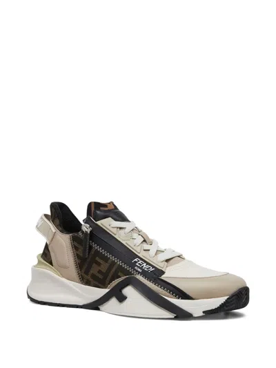 Fendi Beige Leather Sneakers With Ff Motif In Brown