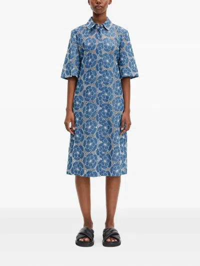Samsoe & Samsoe Floral-print Collared Midi Dress In Blue
