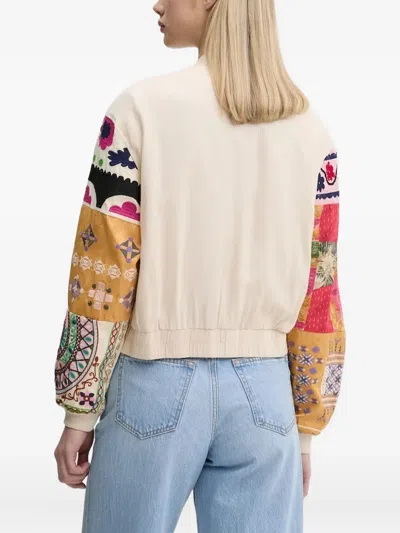 Desigual Patchwork-sleeve Bomber Jacket In White