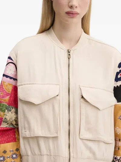 Desigual Patchwork-sleeve Bomber Jacket In White