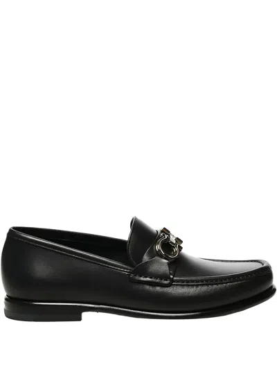 Ferragamo Crown Leather Loafer With Gancini Detail In Black