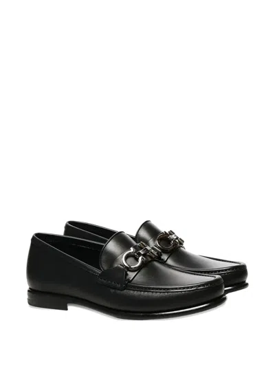Ferragamo Crown Leather Loafer With Gancini Detail In Black