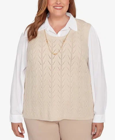 Alfred Dunner Plus Size Urban Legend Pointelle Texture Two In One Sweater With Necklace In Neutral