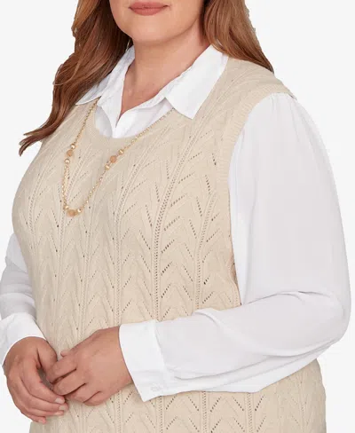Alfred Dunner Plus Size Urban Legend Pointelle Texture Two In One Sweater With Necklace In Neutral