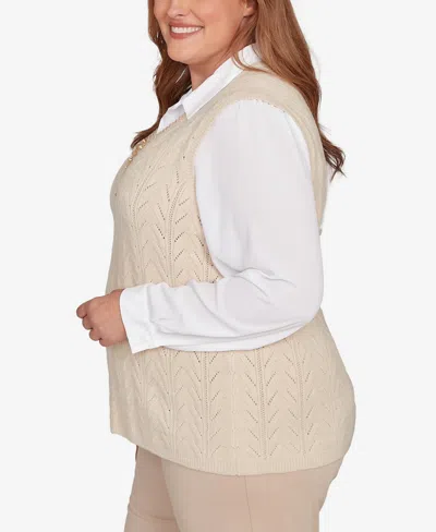 Alfred Dunner Plus Size Urban Legend Pointelle Texture Two In One Sweater With Necklace In Neutral