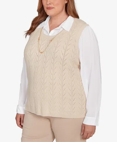 Alfred Dunner Plus Size Urban Legend Pointelle Texture Two In One Sweater With Necklace In Neutral