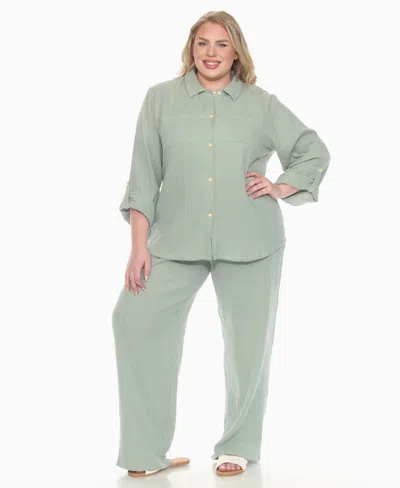 White Mark Plus Size Long Sleeve Button Down Cotton Gauze Set In Green