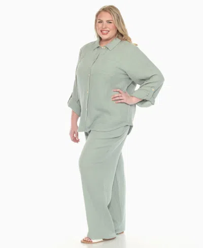 White Mark Plus Size Long Sleeve Button Down Cotton Gauze Set In Green