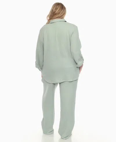 White Mark Plus Size Long Sleeve Button Down Cotton Gauze Set In Green