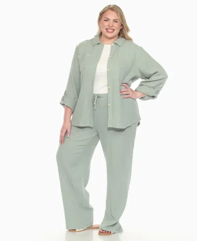 White Mark Plus Size Long Sleeve Button Down Cotton Gauze Set In Green