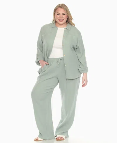 White Mark Plus Size Long Sleeve Button Down Cotton Gauze Set In Green