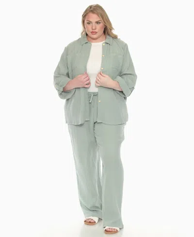 White Mark Plus Size Long Sleeve Button Down Cotton Gauze Set In Green