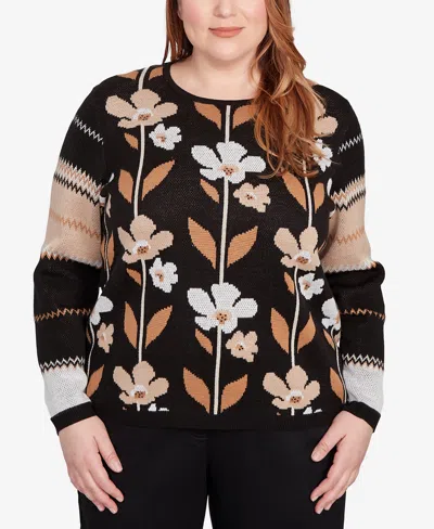 Alfred Dunner Women's Classic Vertical Flower Zig Zag Long Sleeves Sweater In Black