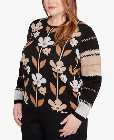 Alfred Dunner Women's Classic Vertical Flower Zig Zag Long Sleeves Sweater In Black