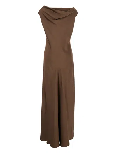 Antonelli Mara Brown Long Dress With Draped Neckline In Acetate Blend Woman In Brown
