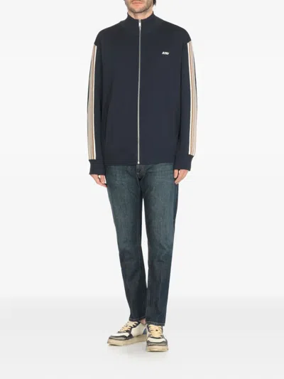 Autry High-collar Blue Jacket With Vertical Stripes And Ribbed Cuffs In Blue
