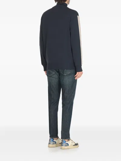 Autry High-collar Blue Jacket With Vertical Stripes And Ribbed Cuffs In Blue