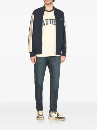 Autry High-collar Blue Jacket With Vertical Stripes And Ribbed Cuffs In Blue