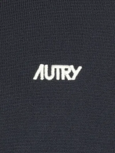 Autry High-collar Blue Jacket With Vertical Stripes And Ribbed Cuffs In Blue