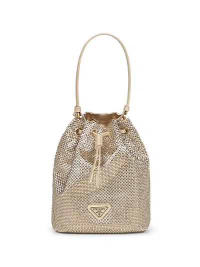 Prada Crystal-embellished Drawstring Bucket Bag In Brown