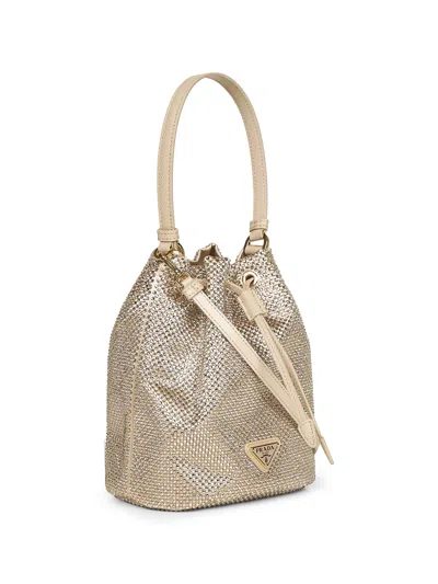 Prada Crystal-embellished Drawstring Bucket Bag In Brown