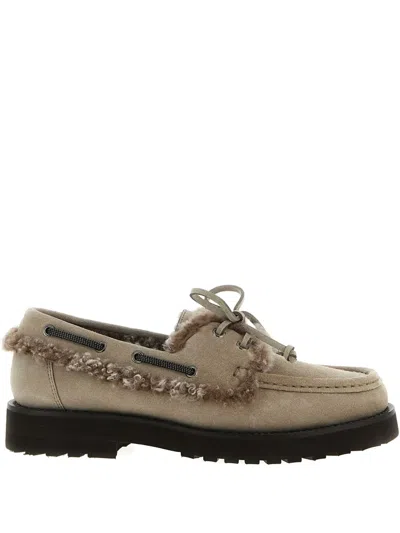 Brunello Cucinelli Luxe Fur Trim Loafers With Suede Finish In Gray