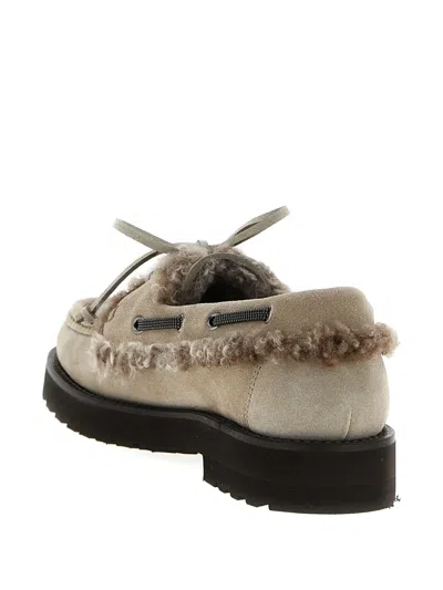 Brunello Cucinelli Luxe Fur Trim Loafers With Suede Finish In Gray