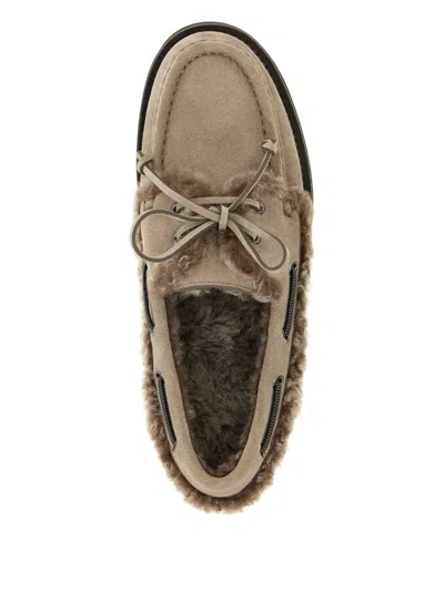 Brunello Cucinelli Luxe Fur Trim Loafers With Suede Finish In Gray