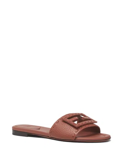 Fendi Baguette Leather Slides With Macro Selleria Topstitches In Brown
