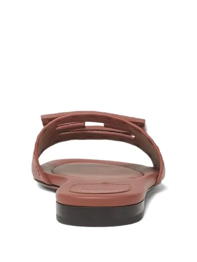 Fendi Baguette Leather Slides With Macro Selleria Topstitches In Brown