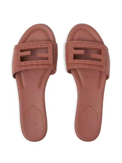 Fendi Baguette Leather Slides With Macro Selleria Topstitches In Brown