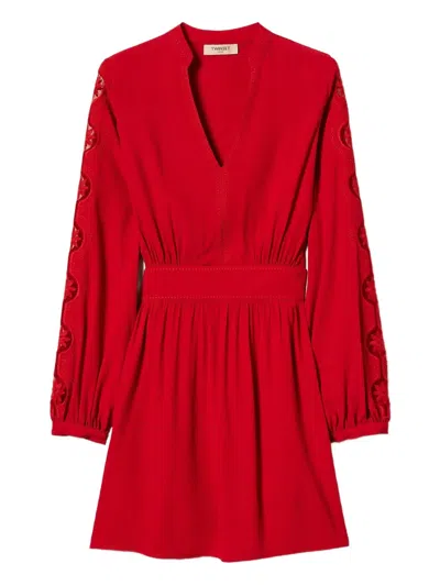 Twinset Robe Courte En Crêpe Avec Broderie In Red