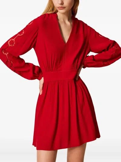 Twinset Robe Courte En Crêpe Avec Broderie In Red