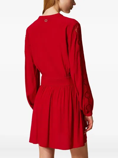 Twinset Robe Courte En Crêpe Avec Broderie In Red