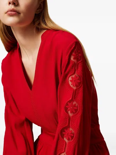 Twinset Robe Courte En Crêpe Avec Broderie In Red