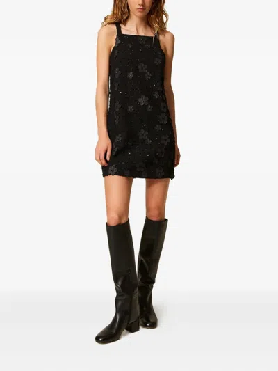Twinset Boucl Short Dress With Embroidery In Black