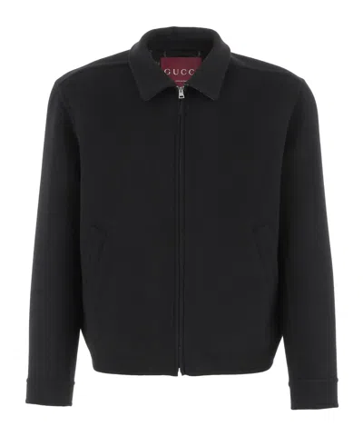 Gucci Men Black Jacket With Classic Collar And Web Motif On The Waist In Cotton Man In Black