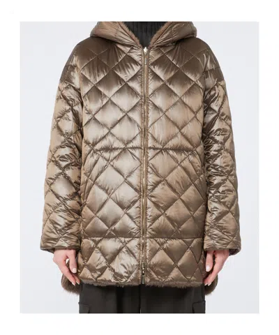 Max Mara Reversible Padded Mini Jacket In Faux Fur And Water-repellent Fabric In Brown