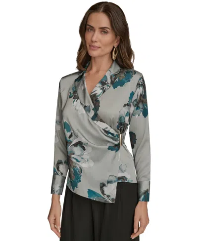 Donna Karan Petites Long-sleeve Printed Shawl-collar Blouse In Gray