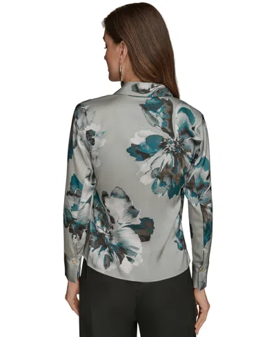 Donna Karan Petites Long-sleeve Printed Shawl-collar Blouse In Gray