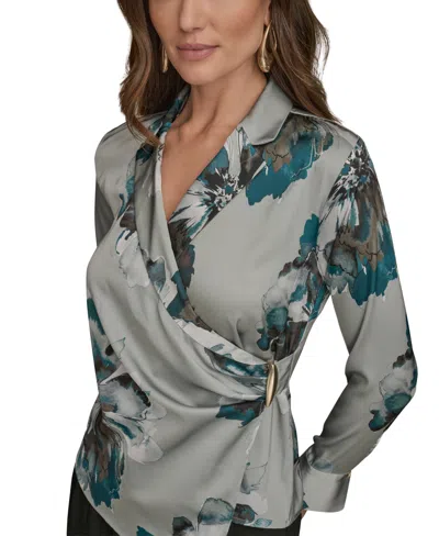 Donna Karan Petites Long-sleeve Printed Shawl-collar Blouse In Gray