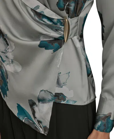 Donna Karan Petites Long-sleeve Printed Shawl-collar Blouse In Gray