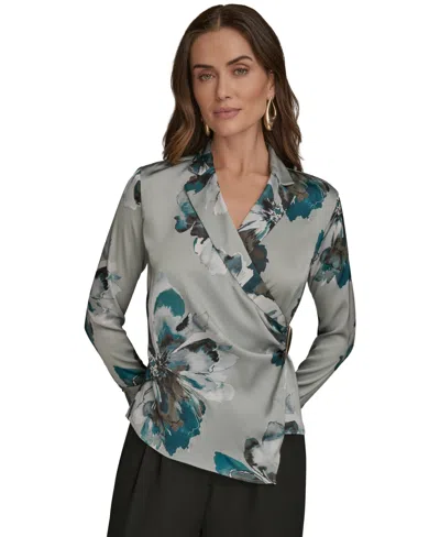 Donna Karan Petites Long-sleeve Printed Shawl-collar Blouse In Gray